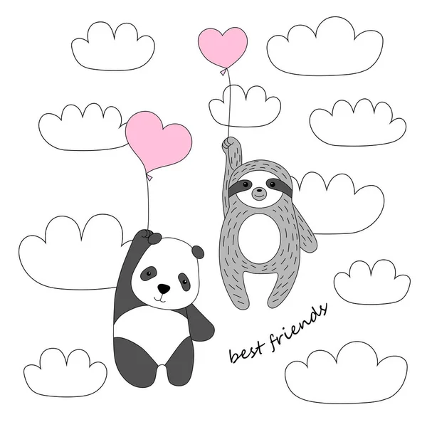 Niedlicher Panda Und Faultier Fliegen Auf Luftballons Valentinstag Kreative Kinder — Stockvektor