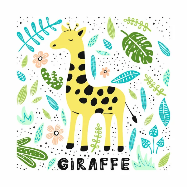 Jolie Girafe Avec Illustrations Dessinées Main Avec Lettrage Carte Postale — Image vectorielle