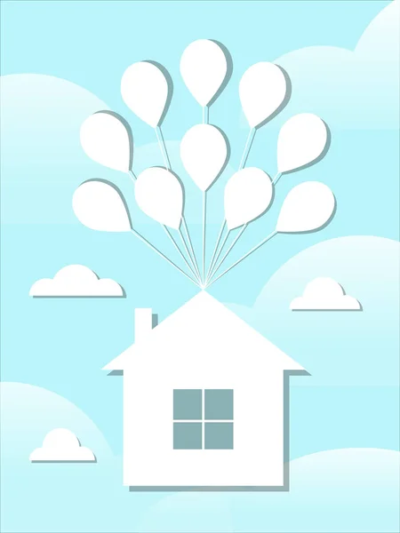 Biały Papierowy Dom Lata Balonach Błękitnym Niebie Pośród Chmur Idealny — Wektor stockowy