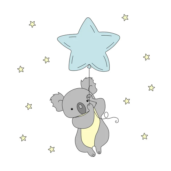 かわいいコアラは 星の間で空に風船を飛んでいます 子供服 保育園の装飾に最適です ベクターイラスト — ストックベクタ
