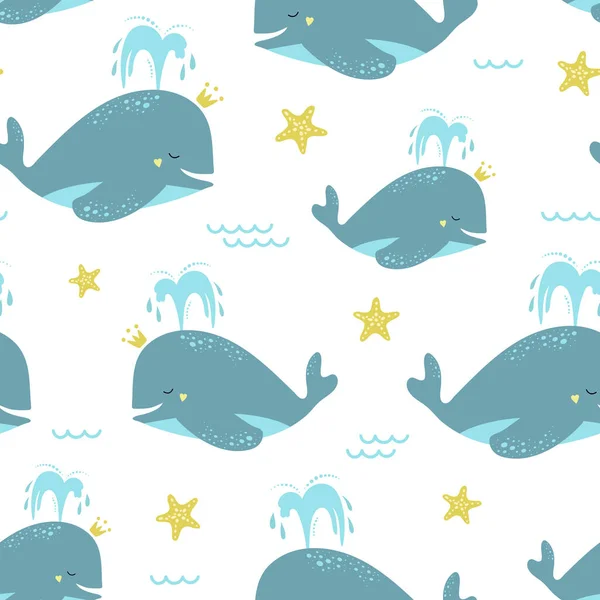 Schattig Naadloos Patroon Met Blauwe Vinvissen Zeesterren Vector Kinderachtige Illustratie — Stockvector