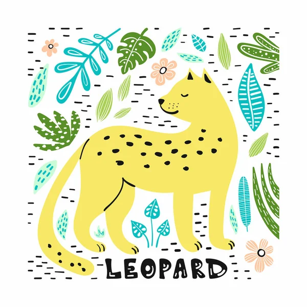 Lindo Leopardo Con Ilustración Dibujada Mano Con Letras Tarjeta Postal — Archivo Imágenes Vectoriales