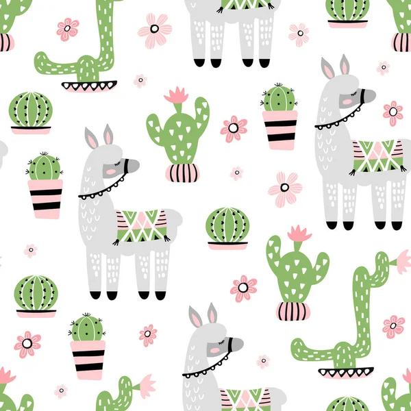 Modèle Sans Couture Avec Lama Mignon Cactus Texture Enfantine Créative — Image vectorielle