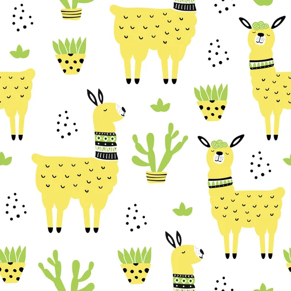 Modèle Sans Couture Avec Lama Cactus Éléments Dessinés Main Texture — Image vectorielle