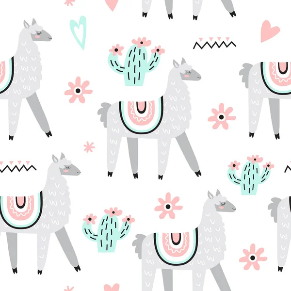 Naadloos Patroon Met Lama Cactus Bloemen Hartjes Creatieve Kinderachtige Textuur — Stockvector