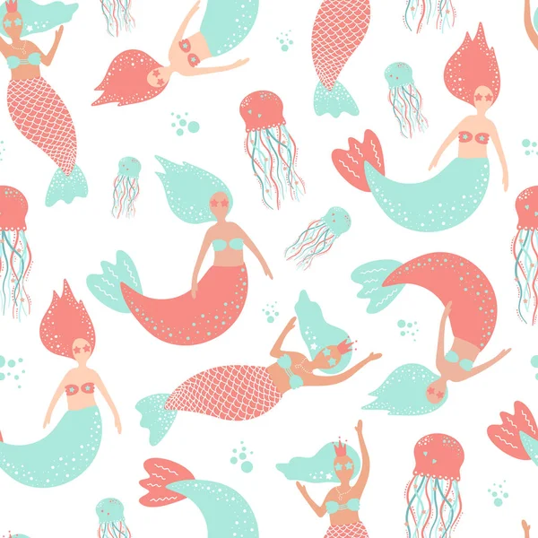 人魚やクラゲとかわいいシームレスなパターン ターコイズとサンゴの色 ベクトルの子供たちの背景 Tシャツ ファブリック テキスタイル 壁紙の印刷に適しています — ストックベクタ