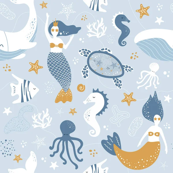 漂亮无缝的海洋图案 美人鱼 矢量背景 适用于包装纸 纺织品 墙纸等的印刷 — 图库矢量图片