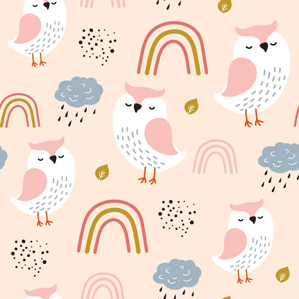 Sevimli baykuş ve gökkuşağıyla kusursuz bir desen. Yaratıcı ağaçlık çocuk dokusu. Kumaş ve Tekstil Vektörü İllüstrasyonu için harika