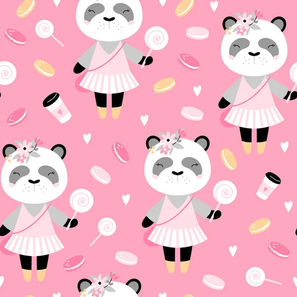 Seamless Pattern Cute Panda Coffee Cakes Creative Kids Texture Fabric — Stock Vector