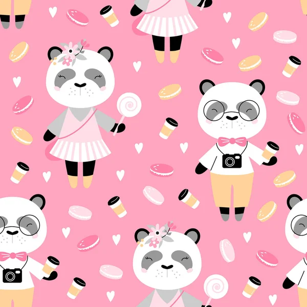 Seamless Pattern Cute Panda Coffee Cakes Creative Kids Texture Fabric — Stock Vector