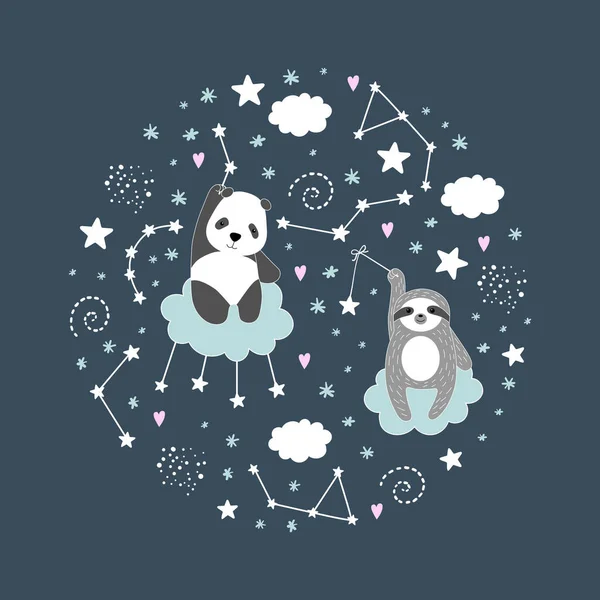 Niedlichen Panda Faultier Sterne Wolken Kreativer Good Night Print Ideal — Stockvektor
