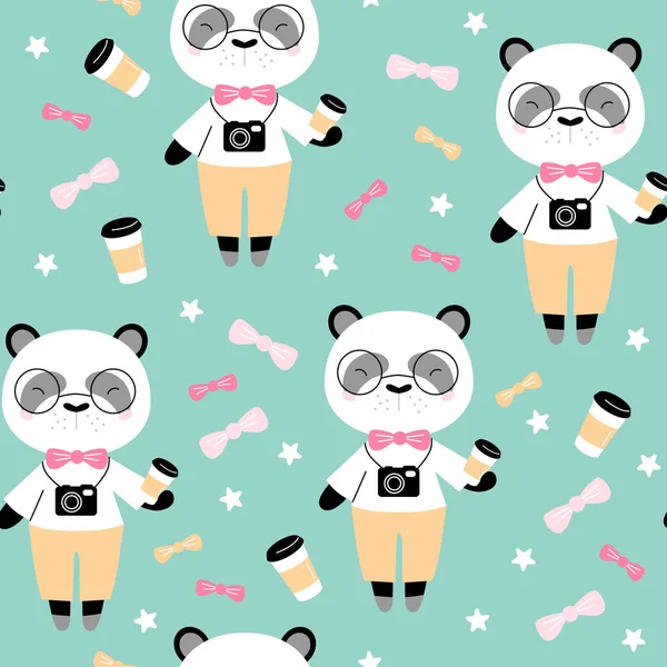 Patrón Sin Costuras Con Lindo Panda Con Café Textura Creativa — Archivo Imágenes Vectoriales