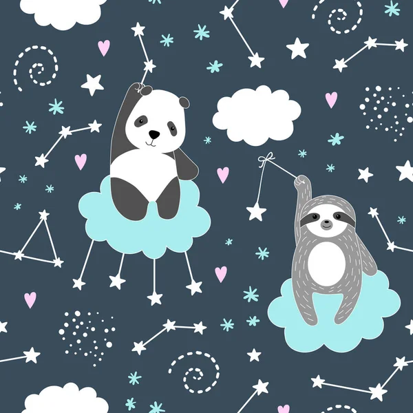 Patrón Sin Costuras Con Lindo Panda Pereza Estrellas Nubes Fondo — Archivo Imágenes Vectoriales