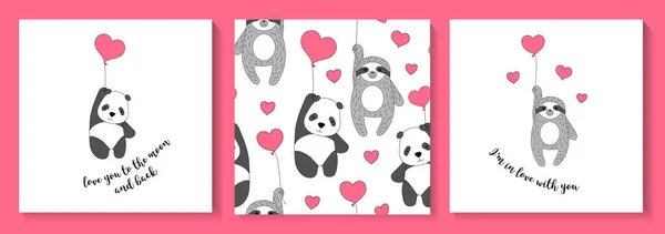 Ensemble Cartes Avec Paresseux Panda Motif Sans Couture Illustration Vectorielle — Image vectorielle