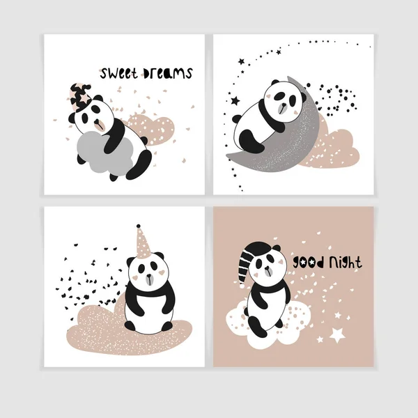 Bonitos Carteles Tarjetas Con Pandas Buenas Noches Dulces Sueños Ilustración — Archivo Imágenes Vectoriales