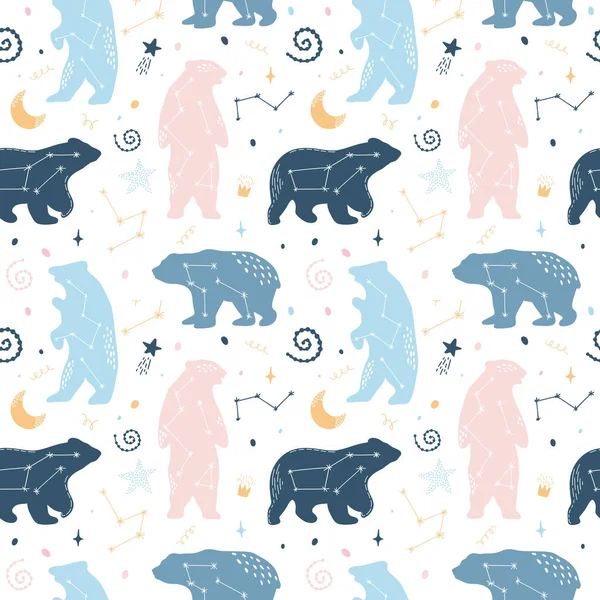 Słodki Bezszwowy Wzór Niedźwiedziami Niebie Konstelacje Gwiazdy Ilustracja Wektora Białe — Wektor stockowy