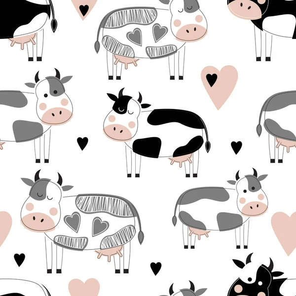 Patrón Sin Costuras Con Lindas Vacas Corazones Diferentes Ilustración Vectorial — Vector de stock