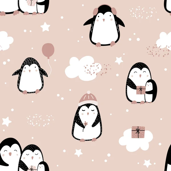 Lindo Patrón Sin Costuras Con Pingüinos Los Pingüinos Dan Regalos — Archivo Imágenes Vectoriales