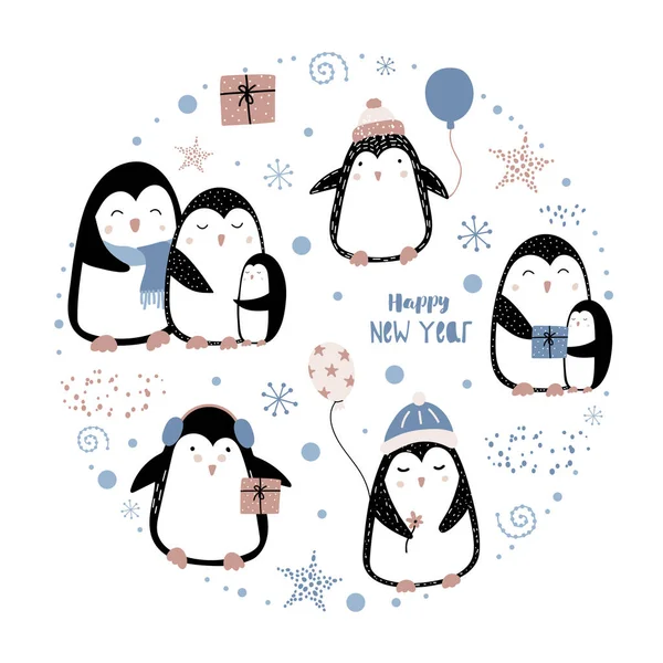 Bir grup sevimli penguen. Noel çocukları vektör illüstrasyonu. Şapka ve eşarplı penguenler. Kar taneleri, yıldızlar, Noel elementleri. Elbiselere, kartpostallara, posterlere baskı yapmak.