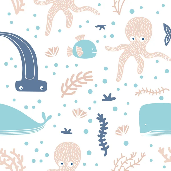 ハンマーヘッド魚 クリーパー 貝殻などの海洋要素を持つシームレスなパターン 水中要素の収集 海底世界をテーマにしたコンセプト ベクターイラスト — ストックベクタ