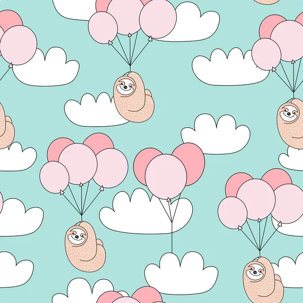 Padrão Infantil Sem Costura Com Preguiça Bonito Com Balões Nuvens — Vetor de Stock