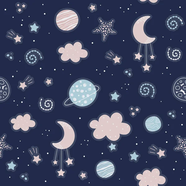 Seamless Pattern Cloud Stars Moon Sky Creative Kids Hand Drawn — Stock Vector