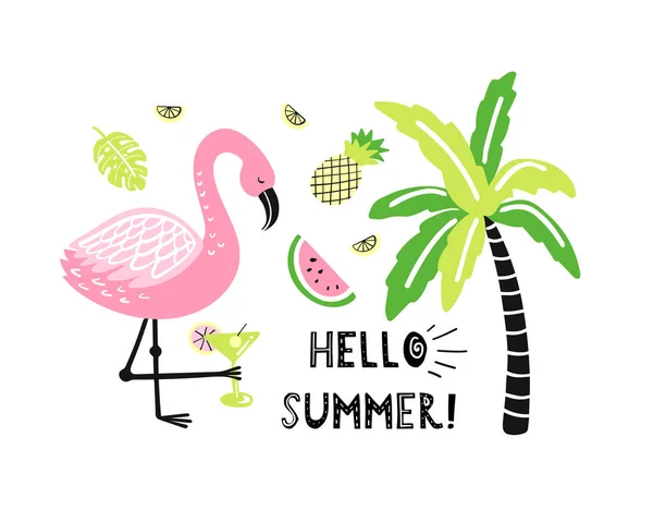 Söt Flamingo Palm Vattenmelon Ananas Hej Sommar — Stock vektor