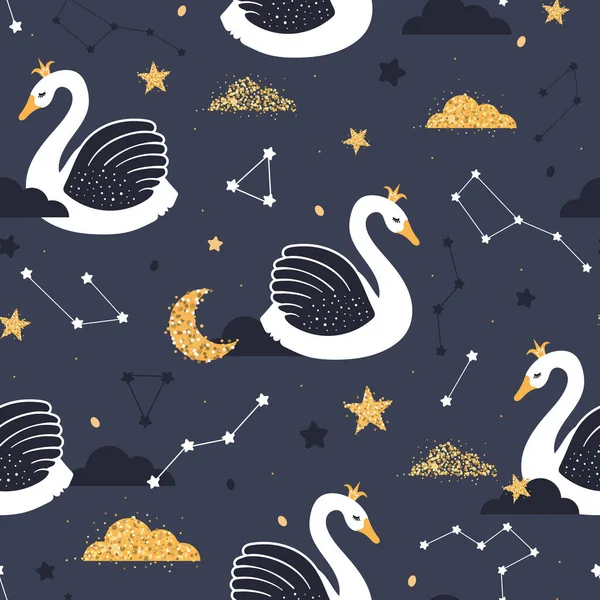 Seamless Dark Pattern White Swans Starry Sky Stars Clouds Swans — Stock Vector