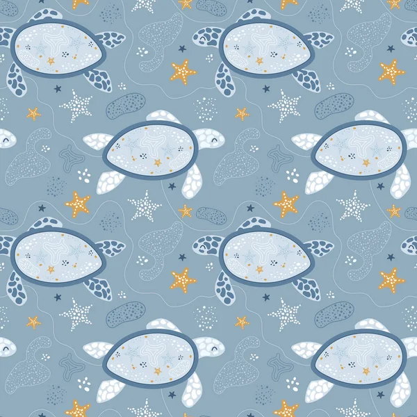 カメとのシームレスなパターン ベクトル背景 海のかわいい青いカメ ヒトデ 布に印刷するための 子供部屋の壁紙 — ストックベクタ