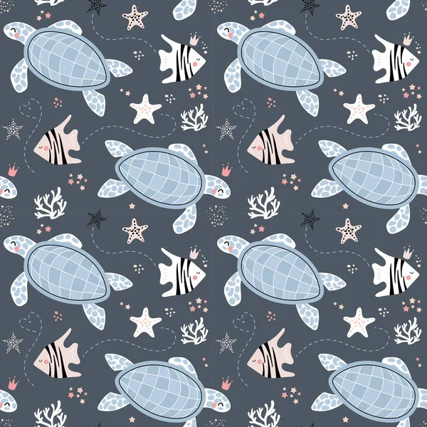 カメや魚とのかわいいシームレスなパターン 海の子供のベクトルの背景 ヒトデ 紙に印刷 — ストックベクタ