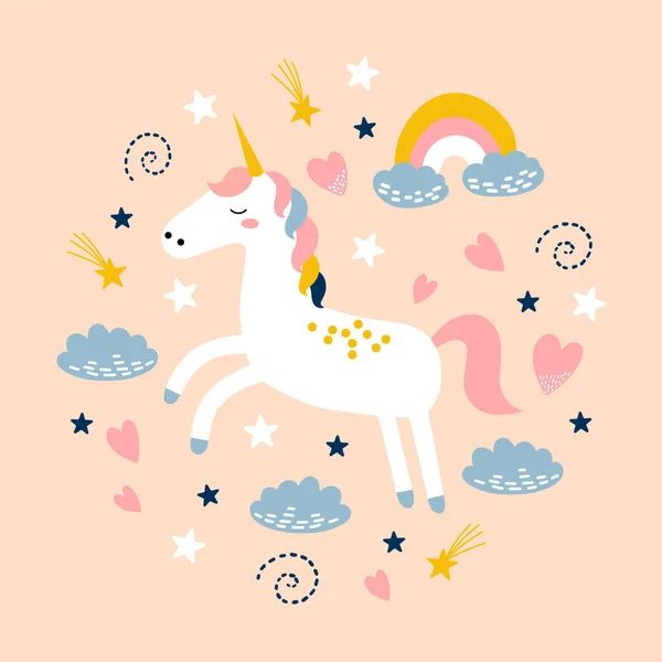 Unicorn Imut Dengan Pelangi Awan Dan Bintang Bagus Untuk Pakaian - Stok Vektor