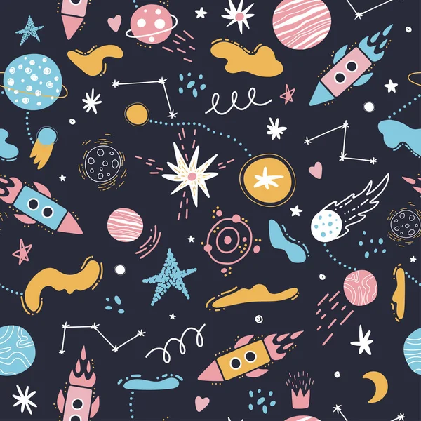 Seamless Space Pattern Rockets Stars Planets Solar System Constellations Cosmic — Stock Vector