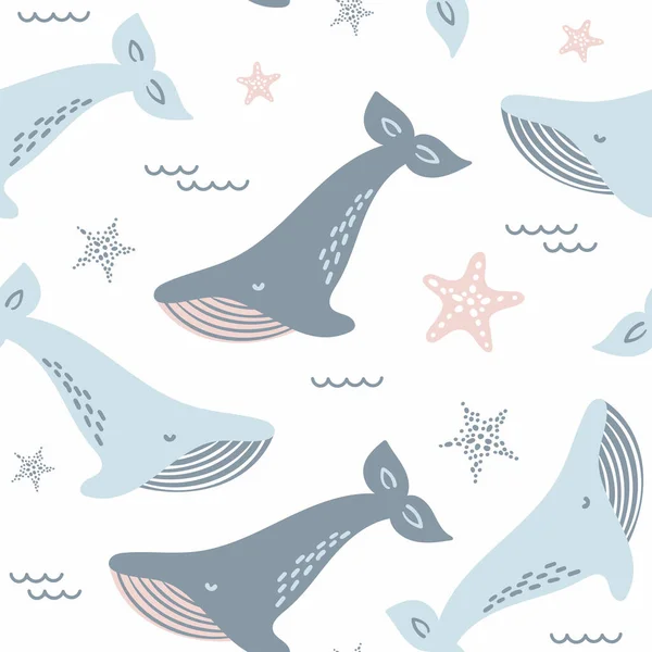 青いクジラとヒトデとのかわいいシームレスなパターン 白を基調としたベクトル幼稚なイラスト 壁紙の印刷に適しています — ストックベクタ