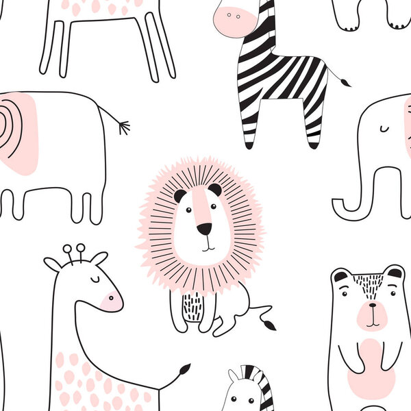 Бесшовный детский рисунок с милыми животными в черно-белом стиле. Творческие скандинавские дети текстуры для ткани, обертывания, текстиля, обоев, одежды. Векторная иллюстрация