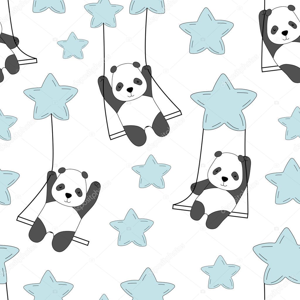 Cute panda on a swing in the sky among the stars. Creative kids texture for fabric, wrapping, textile, wallpaper, apparel. Vector illustration isolated on white