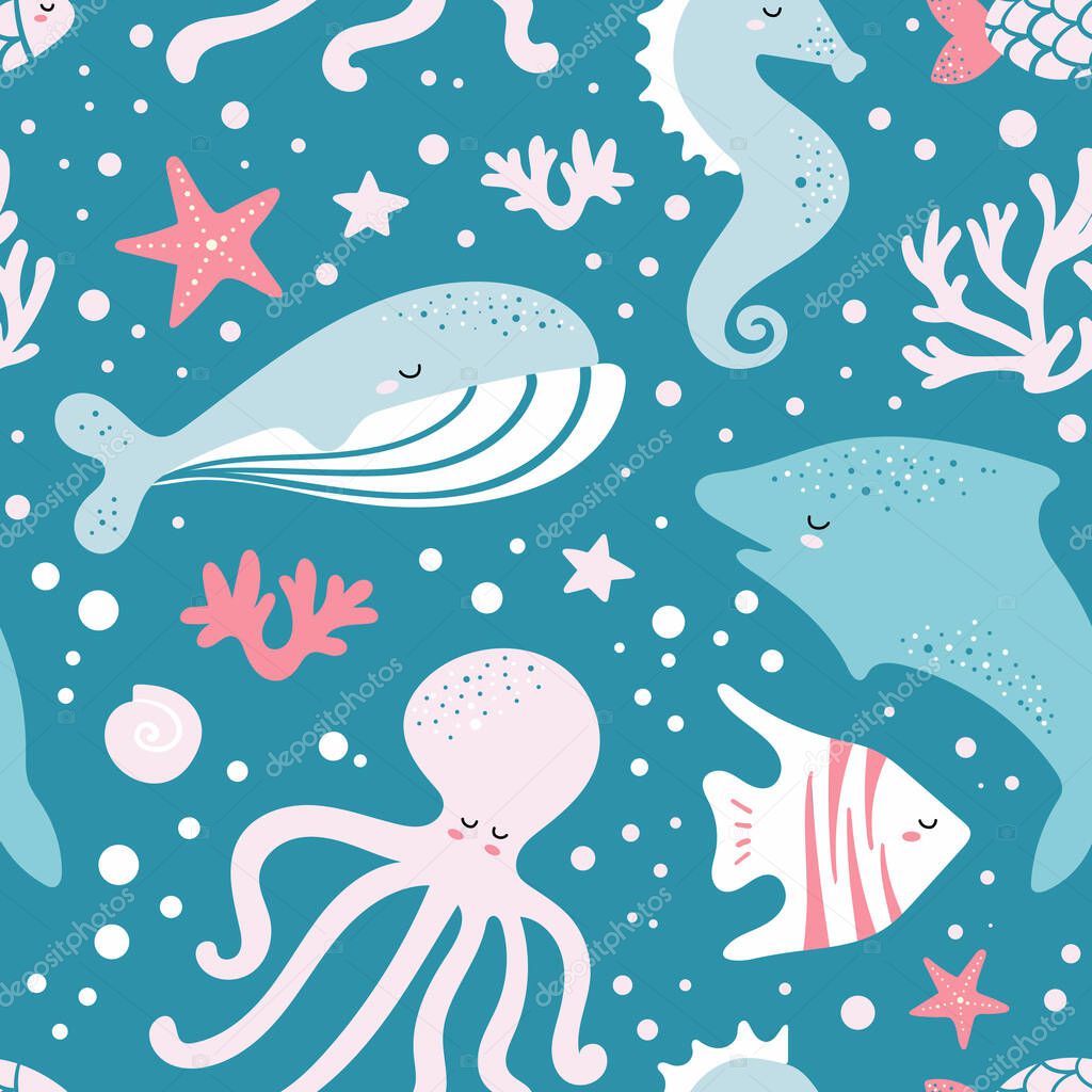 Cute seamless pattern with fish, whale, octopus, seashell, corals. Vector childrens background. Printing on fabric, clothing, wallpaper.