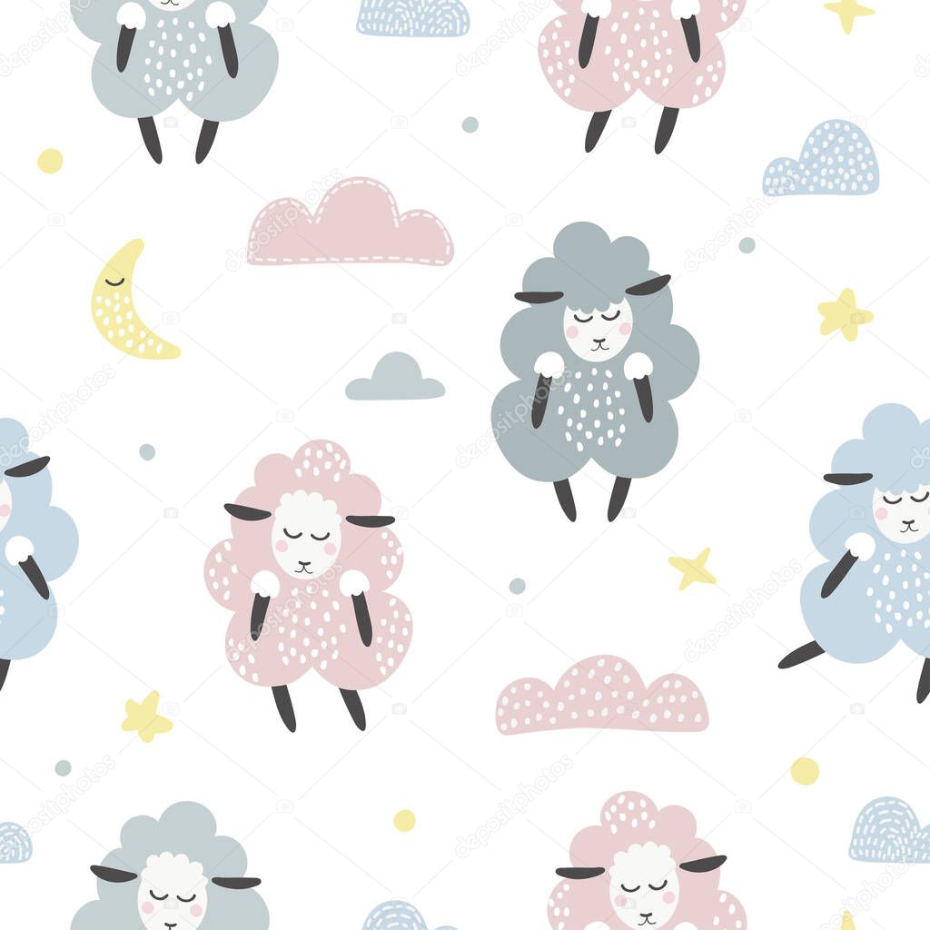 Cute seamless pattern with sheeps and clouds. Children's background. Time to sleep. Suitable for printing on textiles, fabrics, clothing, paper. Vector illustration.
