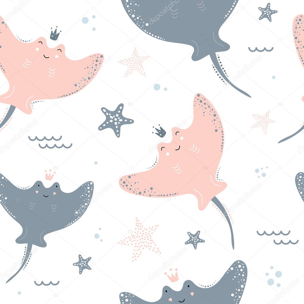 Cute seamless pattern with stingrays. Children vector background. Suitable for printing on fabric, textile, paper, wallpaper.
