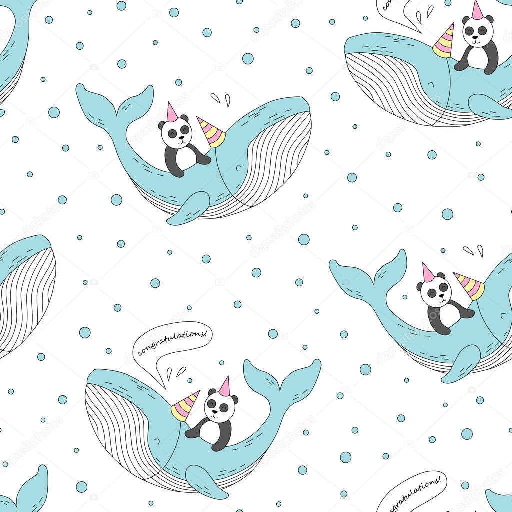 Seamless pattern with cute whale and panda. Congratulation. Creative kids texture for fabric, wrapping, textile, wallpaper, apparel. Vector illustration