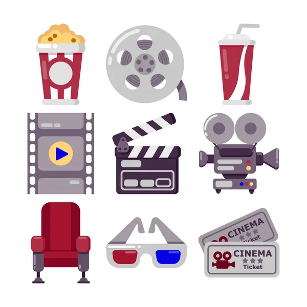 Set Van Cinema Iconen Platte Stile Geïsoleerd Wit Vectorillustratie — Stockvector