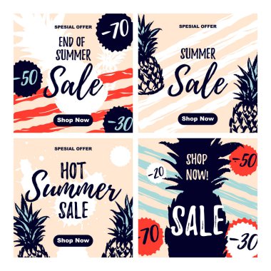 Yaz Satılık kümesini elle çizilmiş öğeleri ile afiş. Vektör çizim.