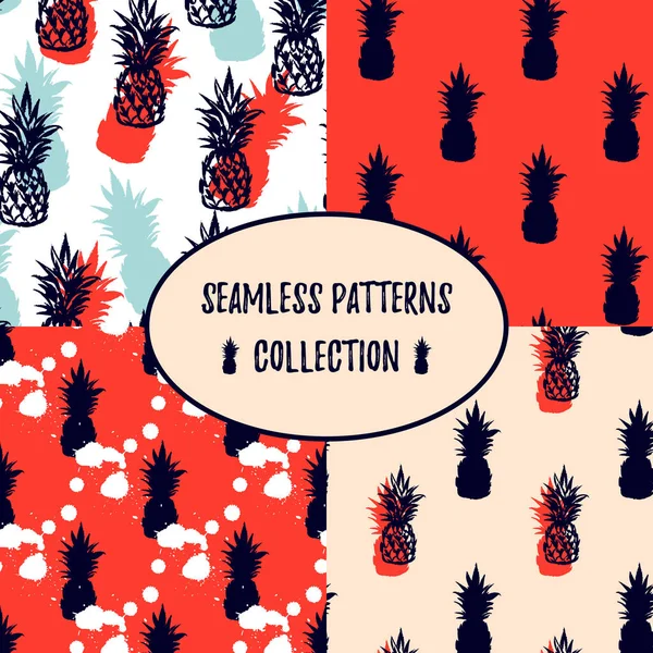 Set Seamless Patterns Pineapples Vector Illustration — Stock Vector