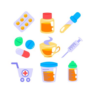 Düz stil eczane simgeler kümesi. Vektör çizim.