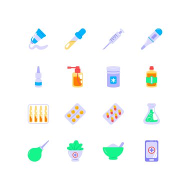 Düz stil eczane simgeler kümesi. Vektör çizim.