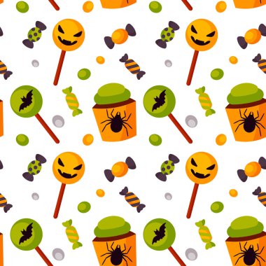 Beyaz izole Cadılar Bayramı renkli seamless modeli. Vektör çizim.