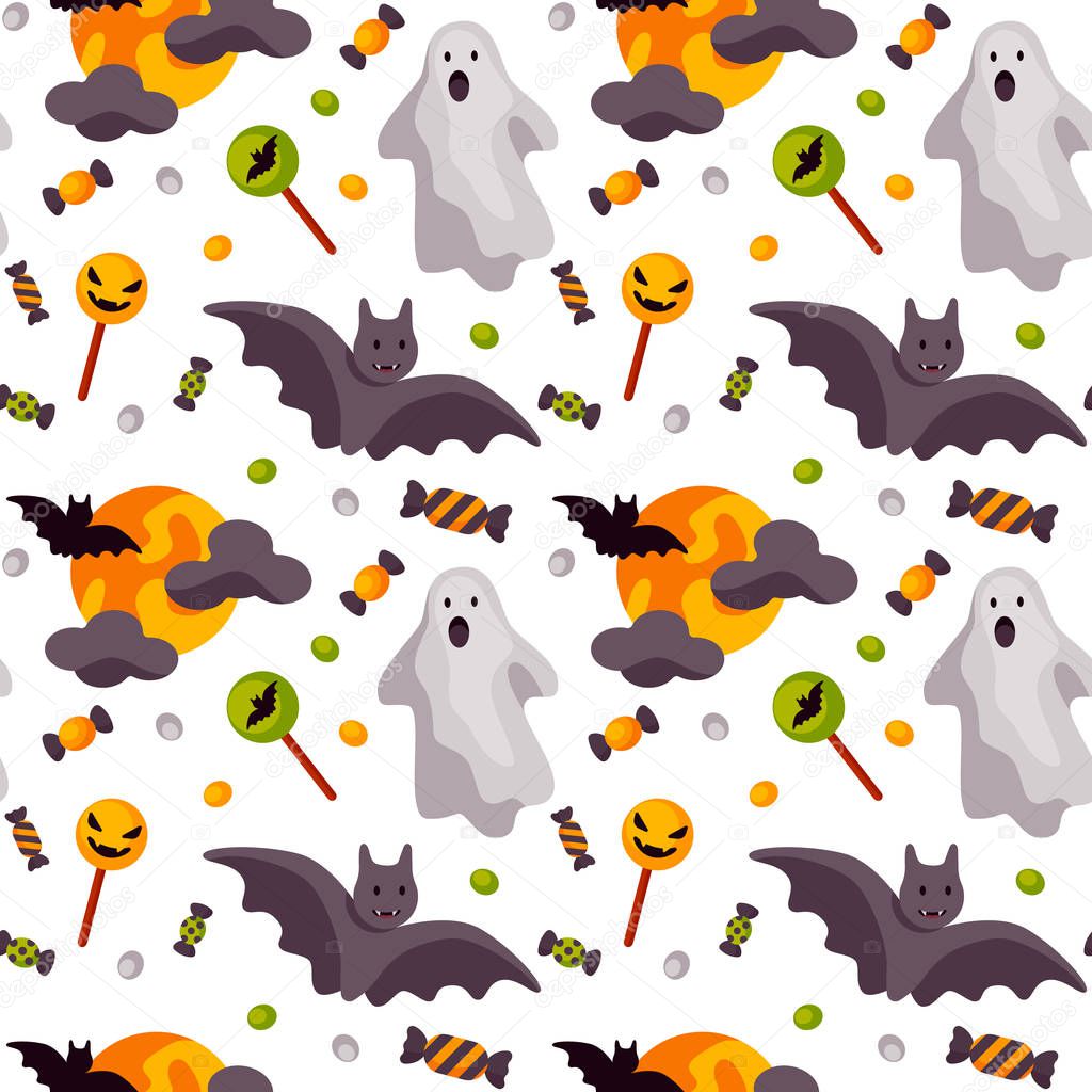 Halloween colorful seamless pattern isolated on white. Vector illustration.