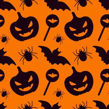 Cadılar Bayramı seamless modeli. Turuncu / kabak arka plan üzerinde siyah öğeleri