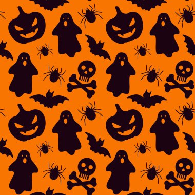 Cadılar Bayramı seamless modeli. Turuncu / kabak arka plan üzerinde siyah öğeleri