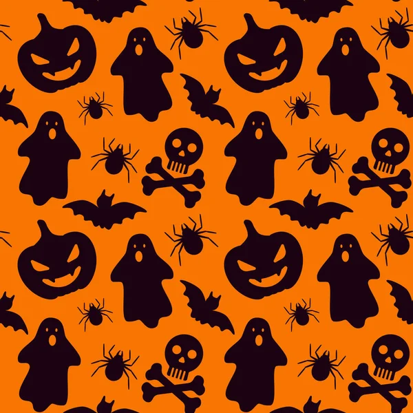 Halloween Nahtloses Muster Schwarze Elemente Auf Orangefarbenem Kürbis Hintergrund — Stockvektor