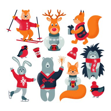Kış orman hayvanları üzerinde beyaz izole kümesi. Noel dekor. Çocuk illüstrasyon.